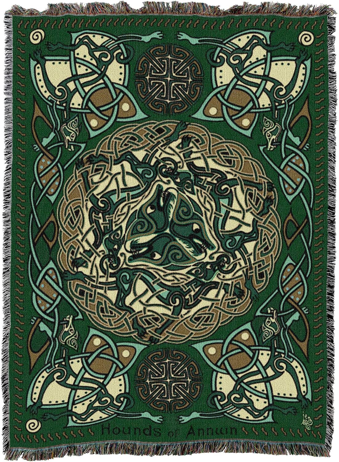 Tapestry blanket in green, gold and cream with Celtic hound knotwork design
