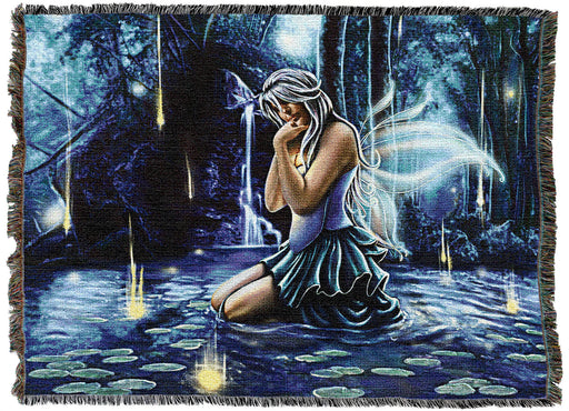 Tapestry Blanket showing a fairy in blue kneeling in a pond with stars falling into the water around her