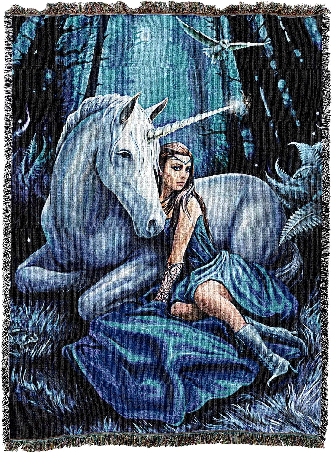 Tapestry blanket of a woman in blue dress and unicorn with glowing horn in a moonlit forest at night