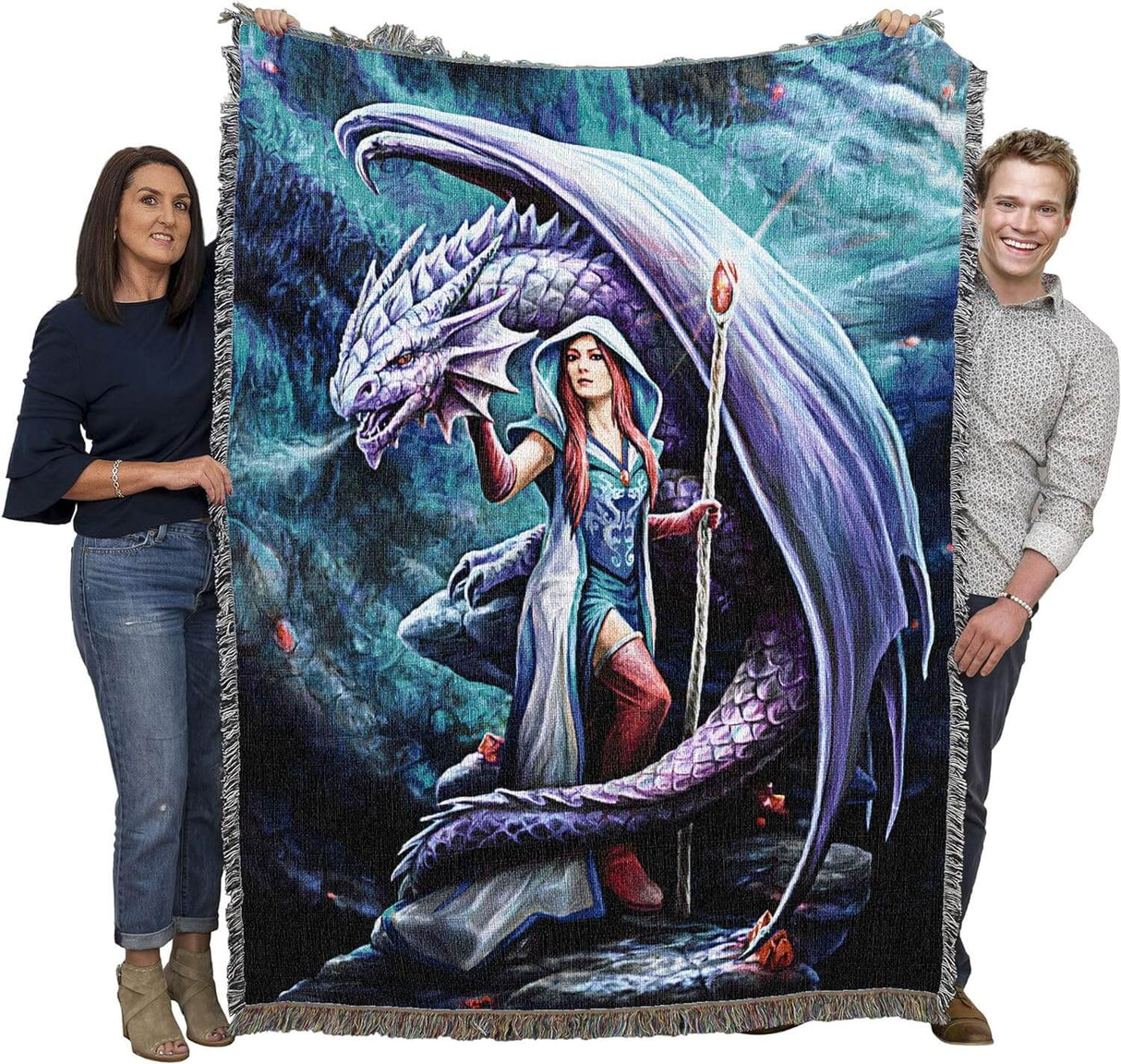 Tapestry Blanket, art by Anne Stokes. Sorceress holding staff, with red hair, standing with a dragon. Held by two adults to show size