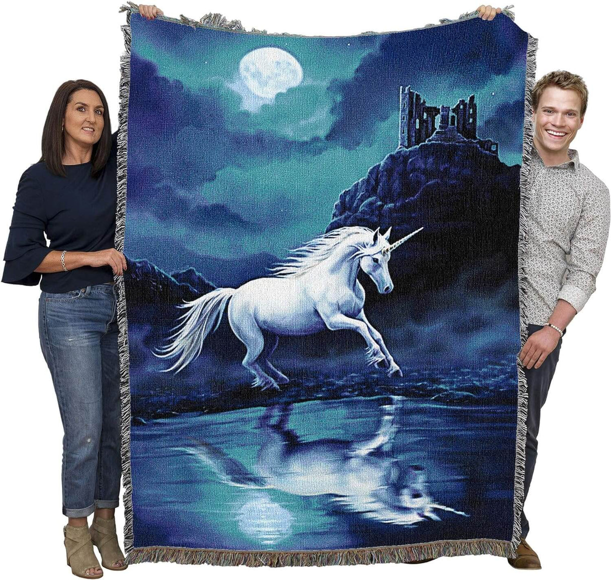 Tapestry blanket held by two adults to show large size