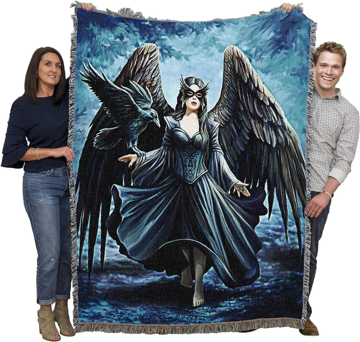 Raven angel blanket held by two adults to show large size