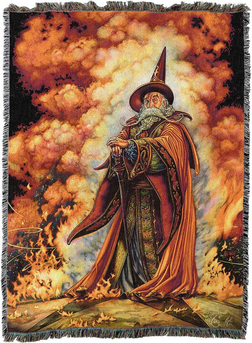 Tapestry blanket showing wizard in red in a fire and smoke