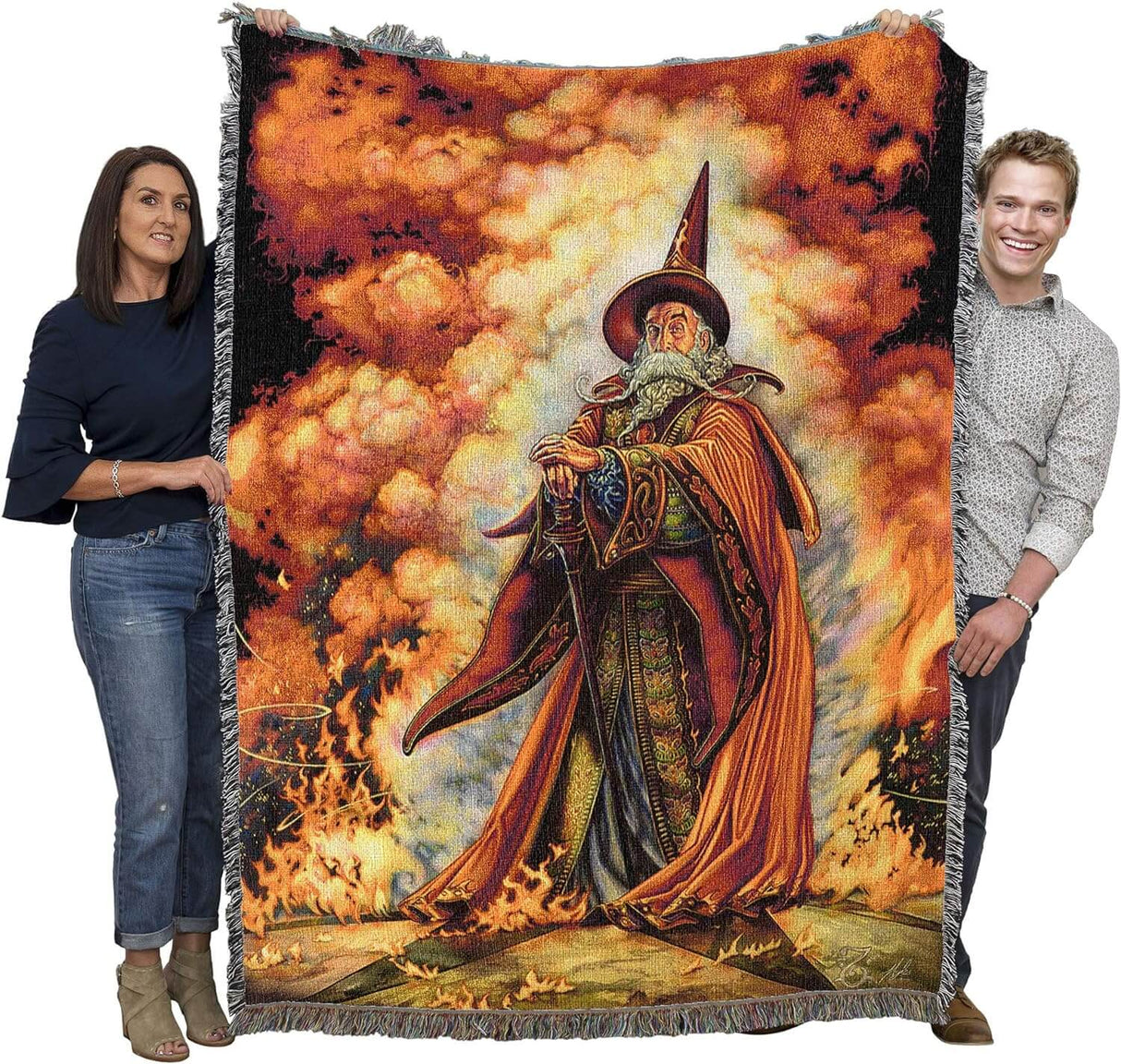 Fire Wizard blanket held up by two adults to show large size