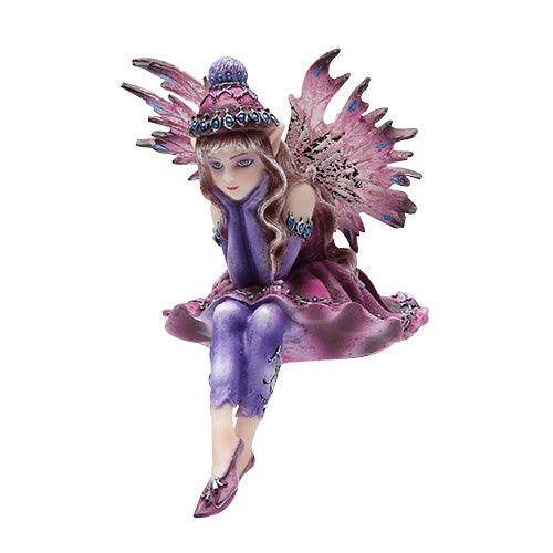 Fairy figurine, seated so she can perch on a shelf with legs dangling. Purple and pink winter outfit with hat.