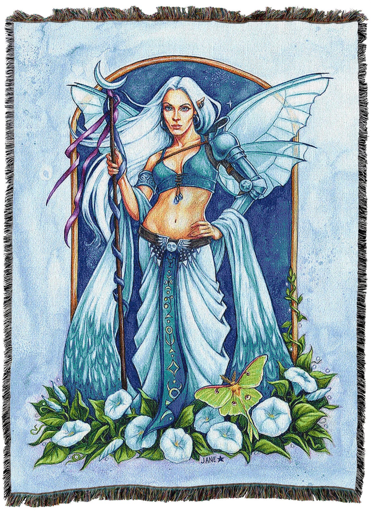 Tapestry blanket showing a fairy with glassy wings wearing blue with a moon-topped staff, standing in flowers with a green luna moth