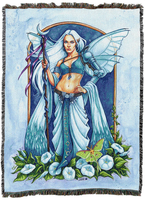 Tapestry blanket showing a fairy with glassy wings wearing blue with a moon-topped staff, standing in flowers with a green luna moth