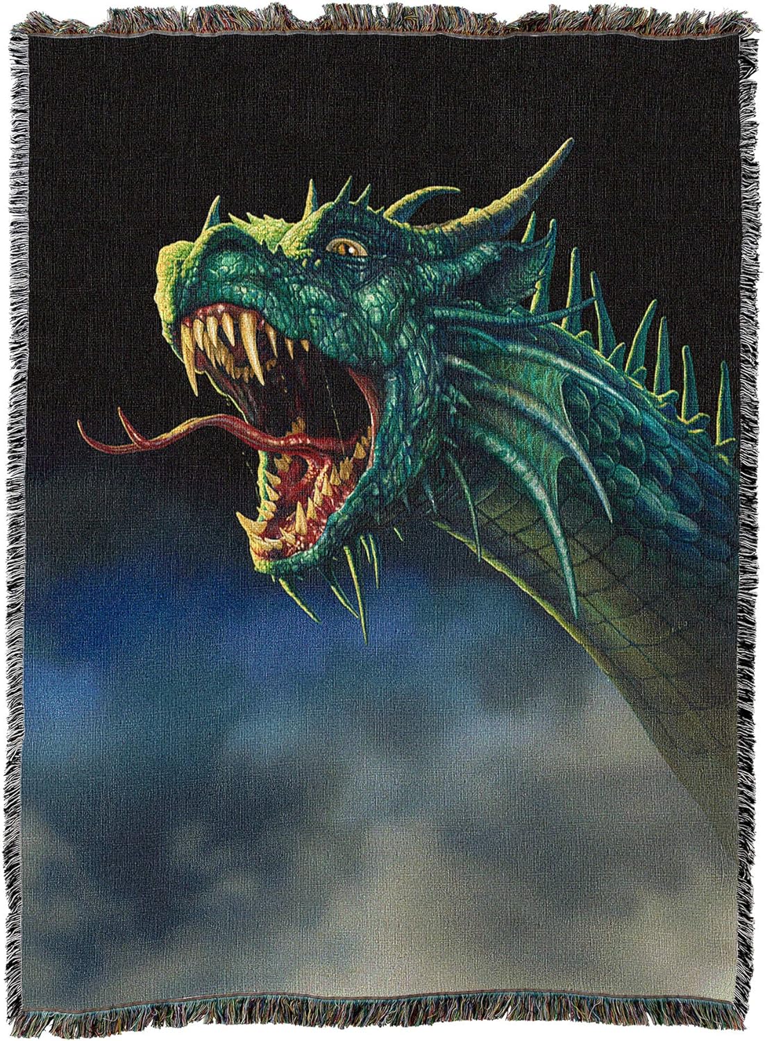 Tapestry blanket of a green roaring dragon head and neck