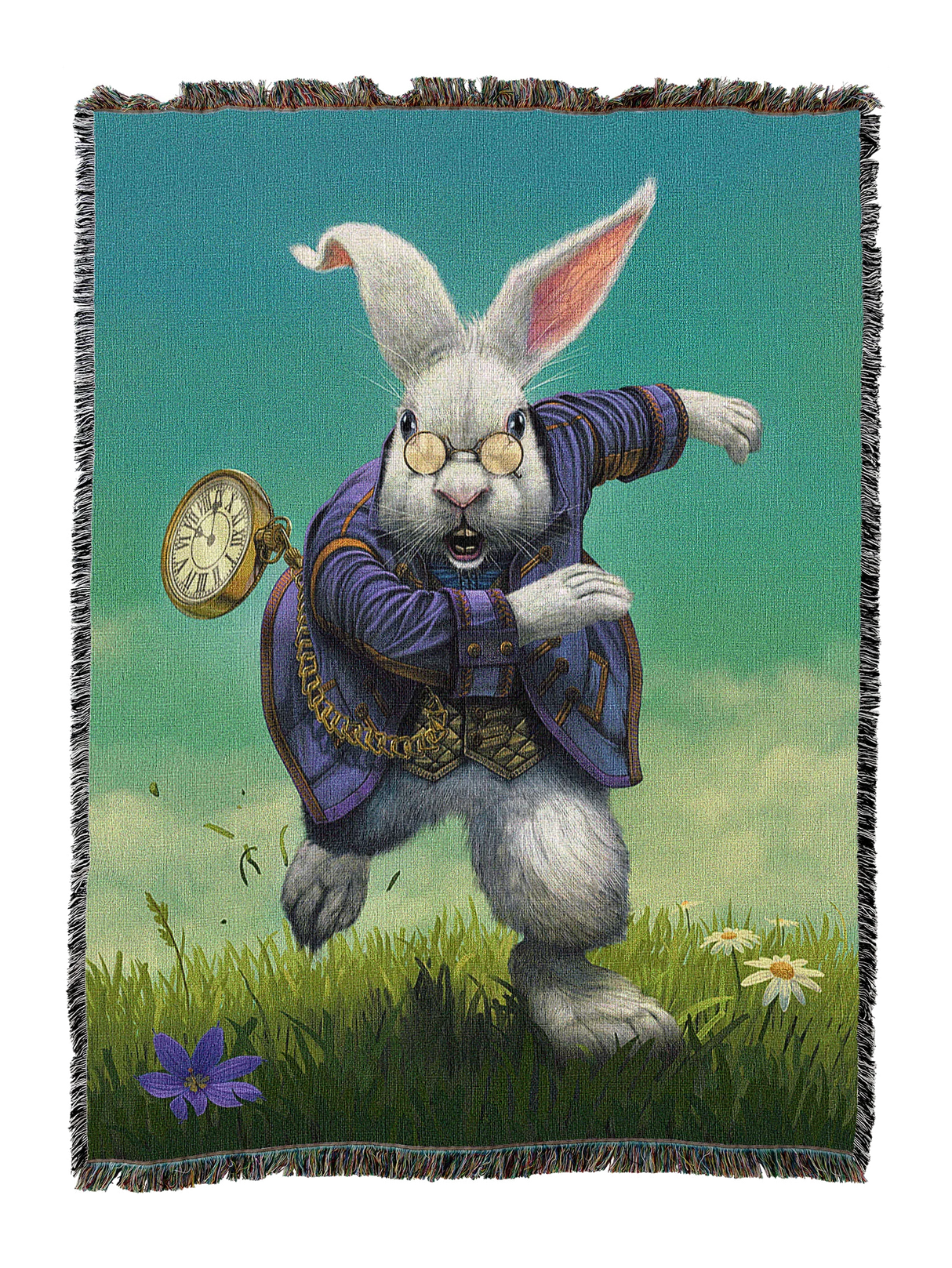 Tapestry blanket featuring the White Rabbit with pocketwatch from Alice in Wonderland
