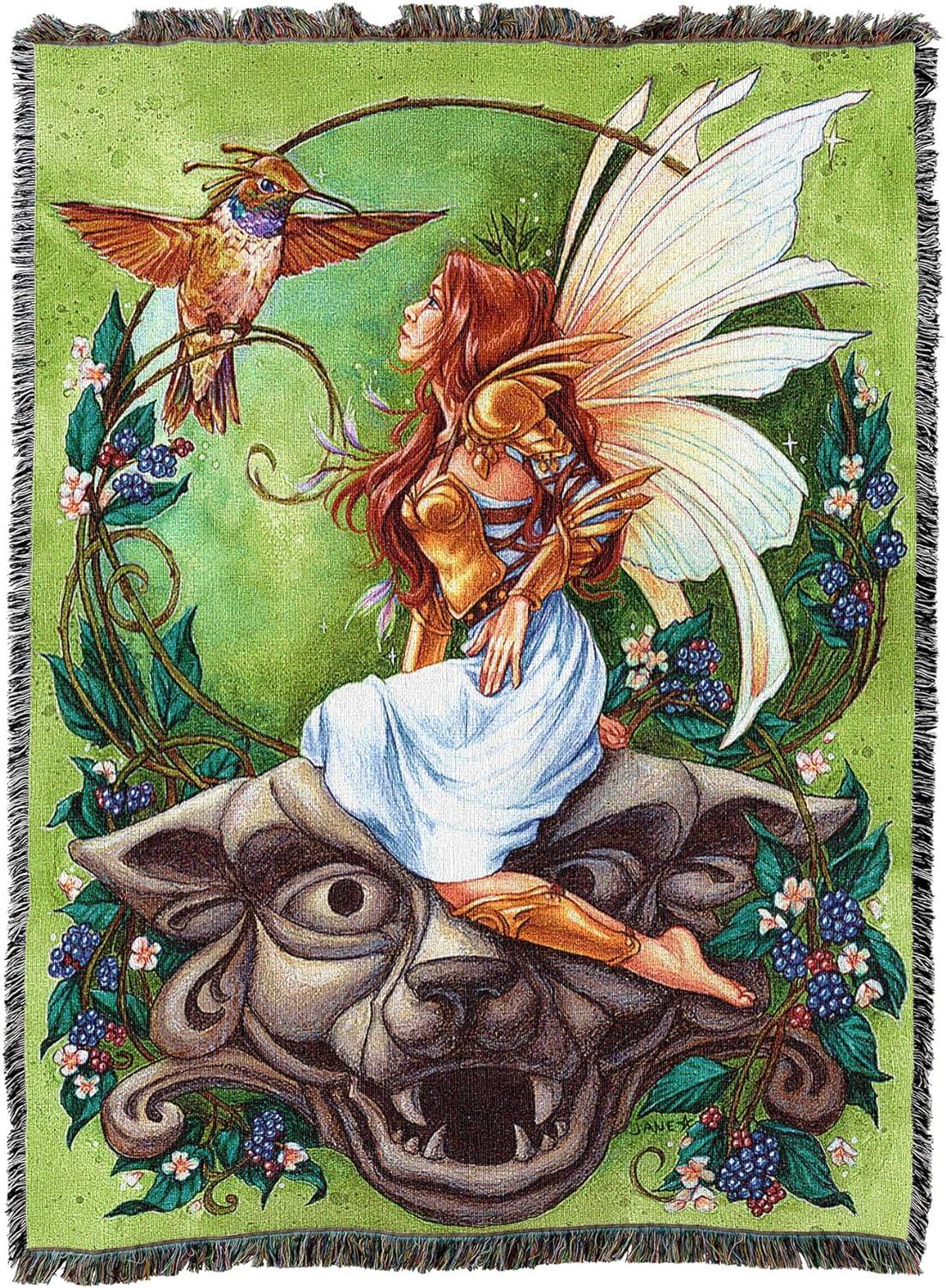 Tapestry blanket with fairy in gold armor and golden hummingbird. Pixie perched on stone gargoyle face, surrounged by blossoms and blackberries.