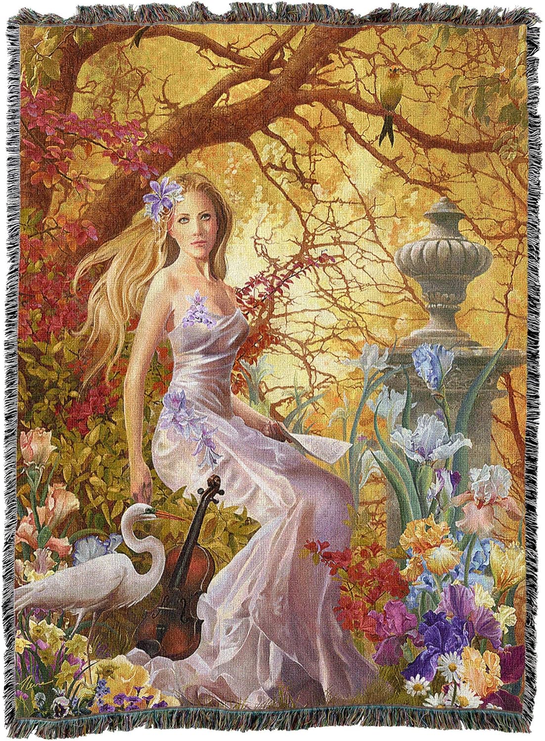 Tapestry blanket of a garden scene, blond lady in dress with violin, crane and bird next to iris and other flowers and stone statue