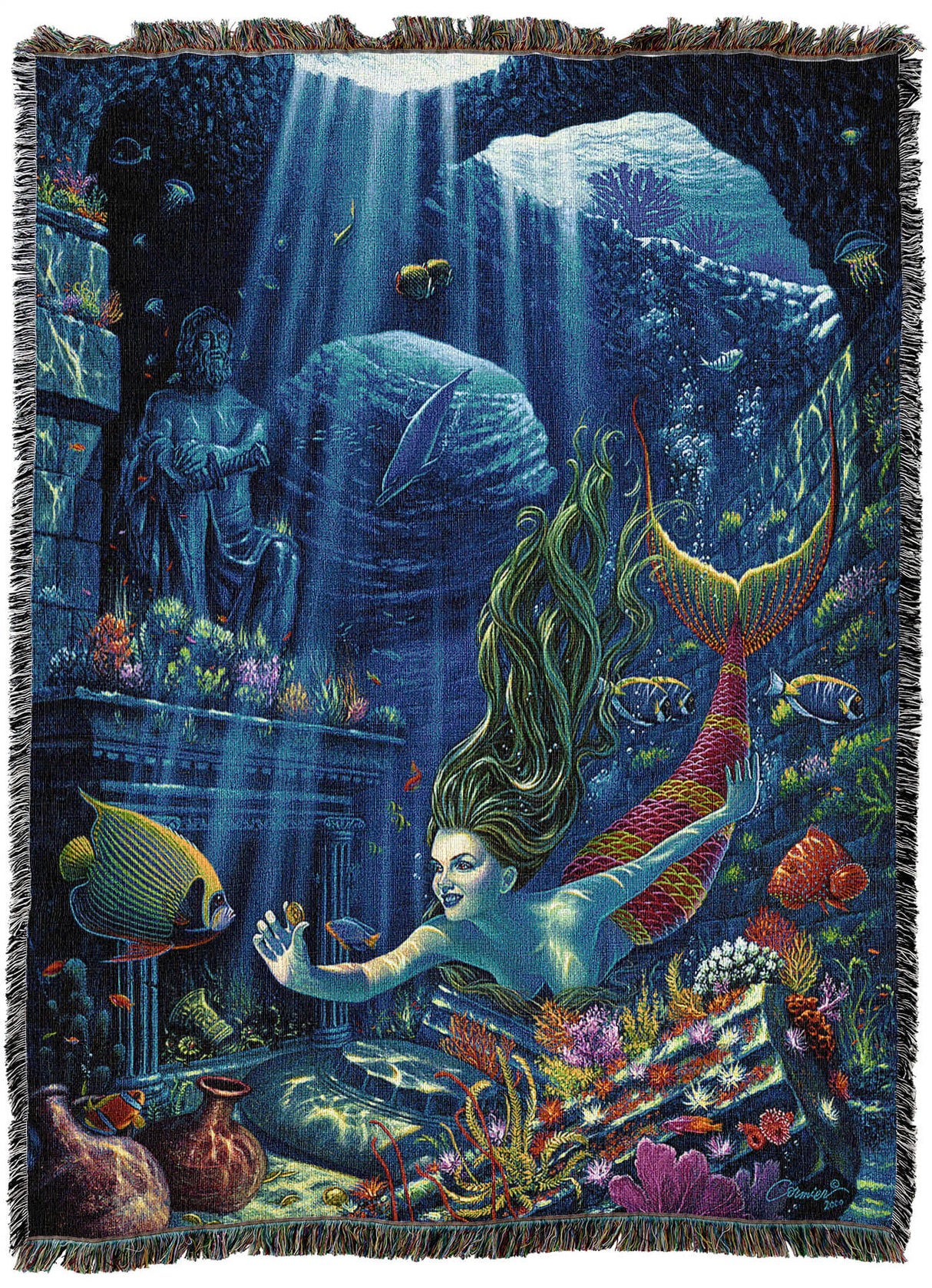 Tapestry blanket with art by Wil Cormier showing a mermaid un an undersea grotto filled with fish and treasure