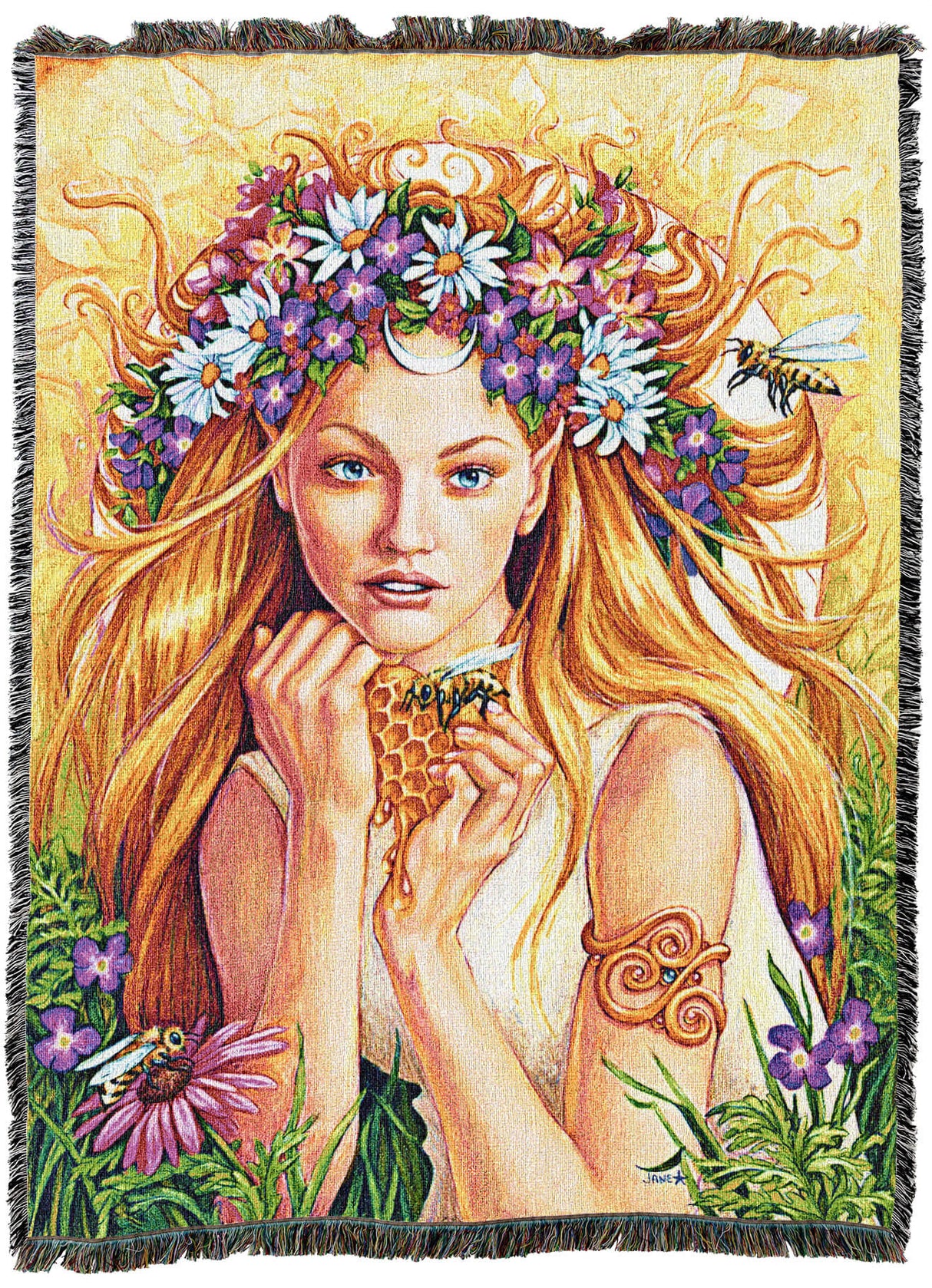 Wild Honey tapestry blanket showing a blond maiden with flowers in her hair, surrounded by bees and blossoms and holding a honeycomb