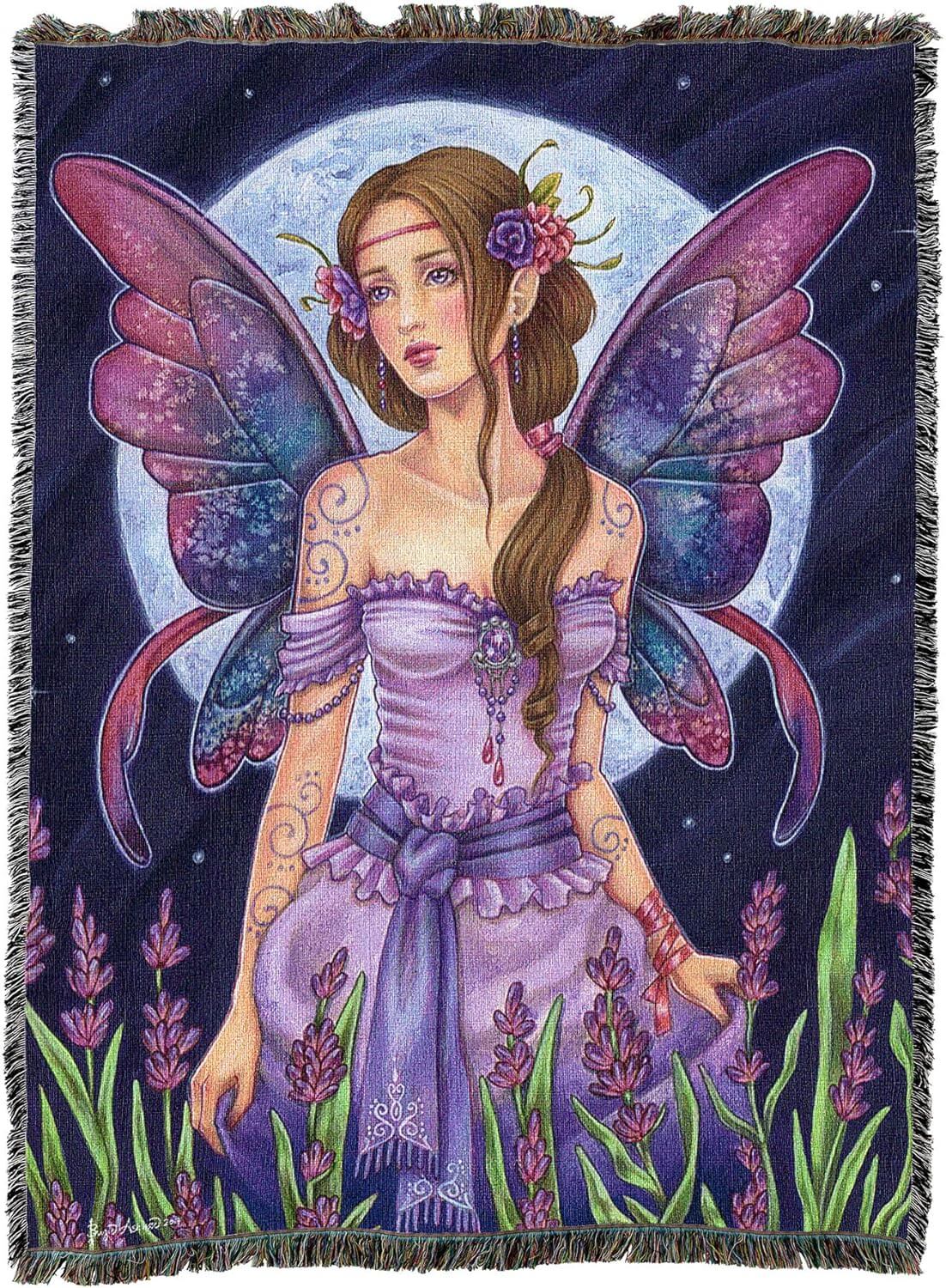 Tapestry blanket with art by Brigid Ashwood. Fairy in purple dress with purple-blue wings standing in a flower field with full moon beyond.