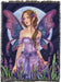 Tapestry blanket with art by Brigid Ashwood. Fairy in purple dress with purple-blue wings standing in a flower field with full moon beyond. 
