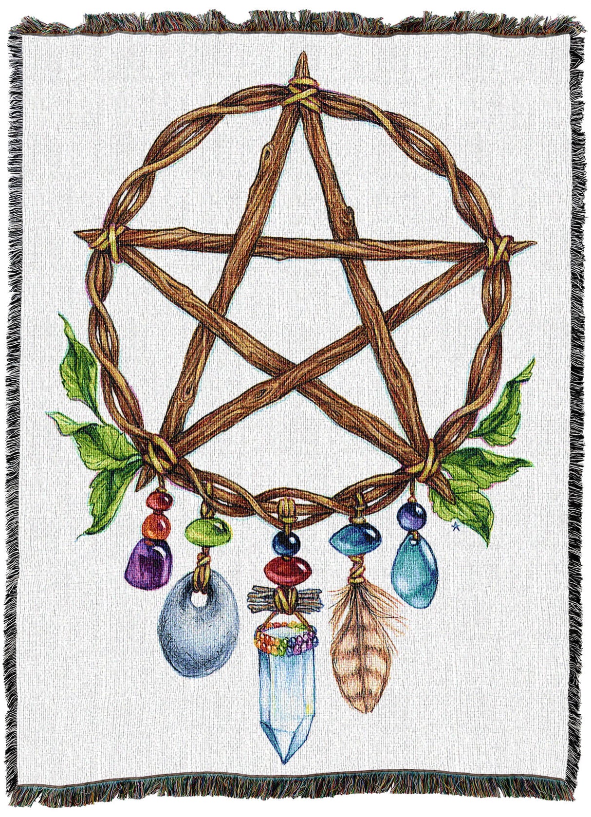 Pentacle charm tapestry blanket showing five pointed star with colorful stone and crystal charms hung below it