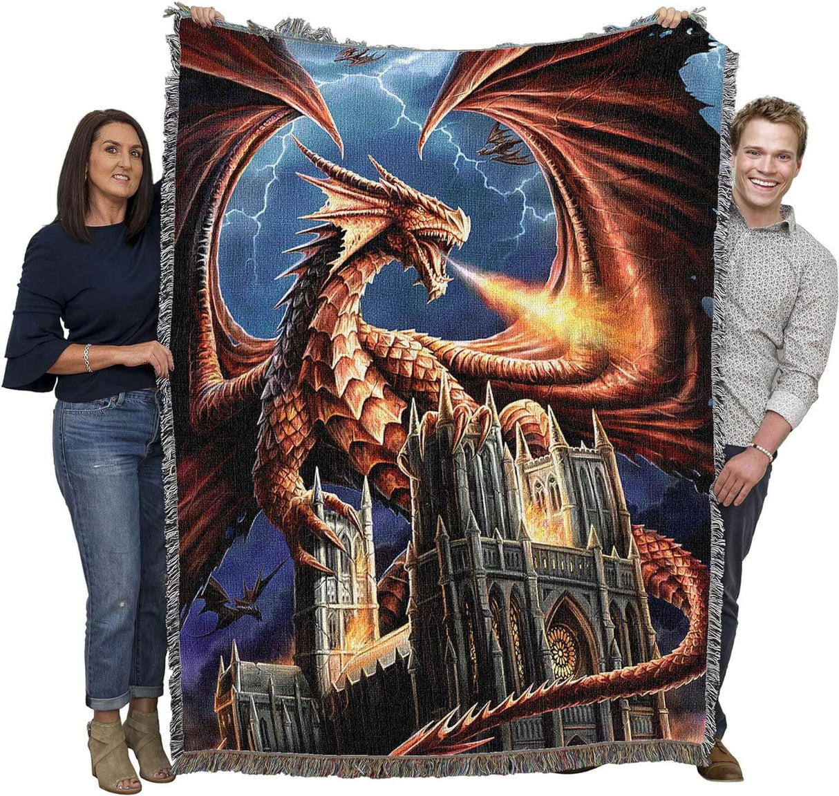 Tapestry blanket held by adults to show large size