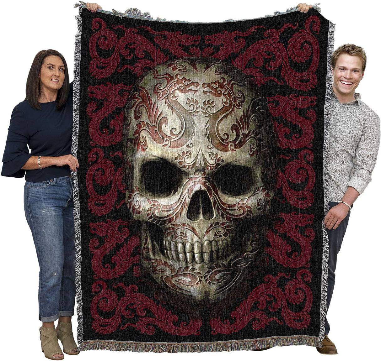 Tapestry blanket by Anne Stokes, white skull with Asian dragons in red
