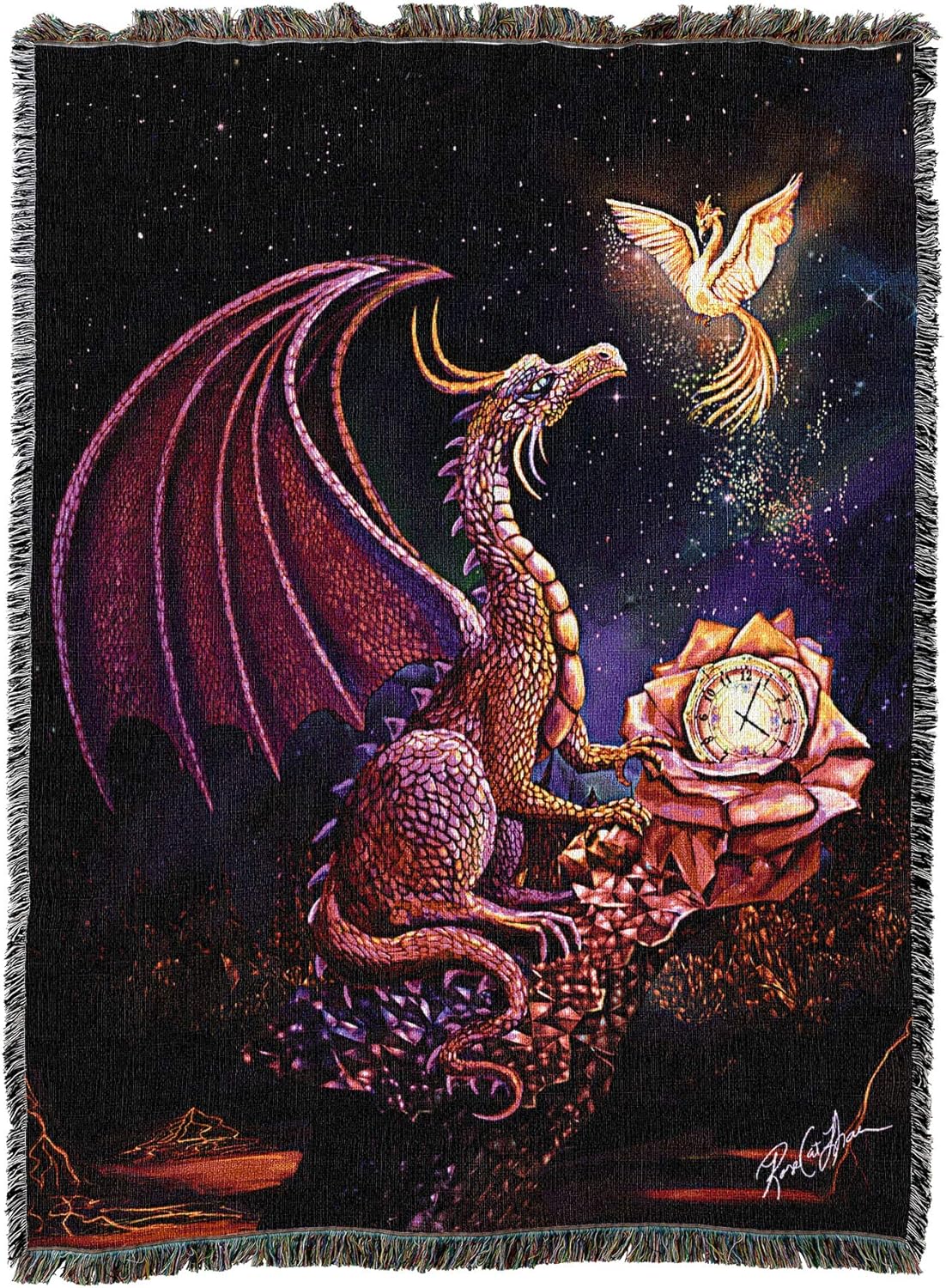 Tapestry blanket with red dragon, rose and clock, and glowing phoenix bird, art by Rose Cat Khan