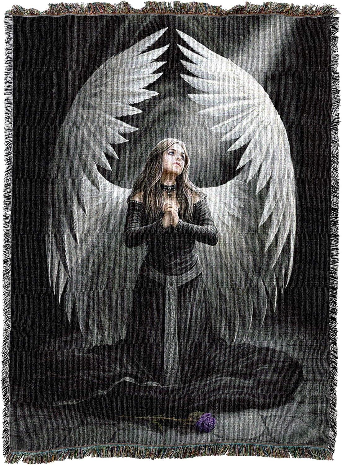 Tapestry blanket of praying angel with white feathered wings