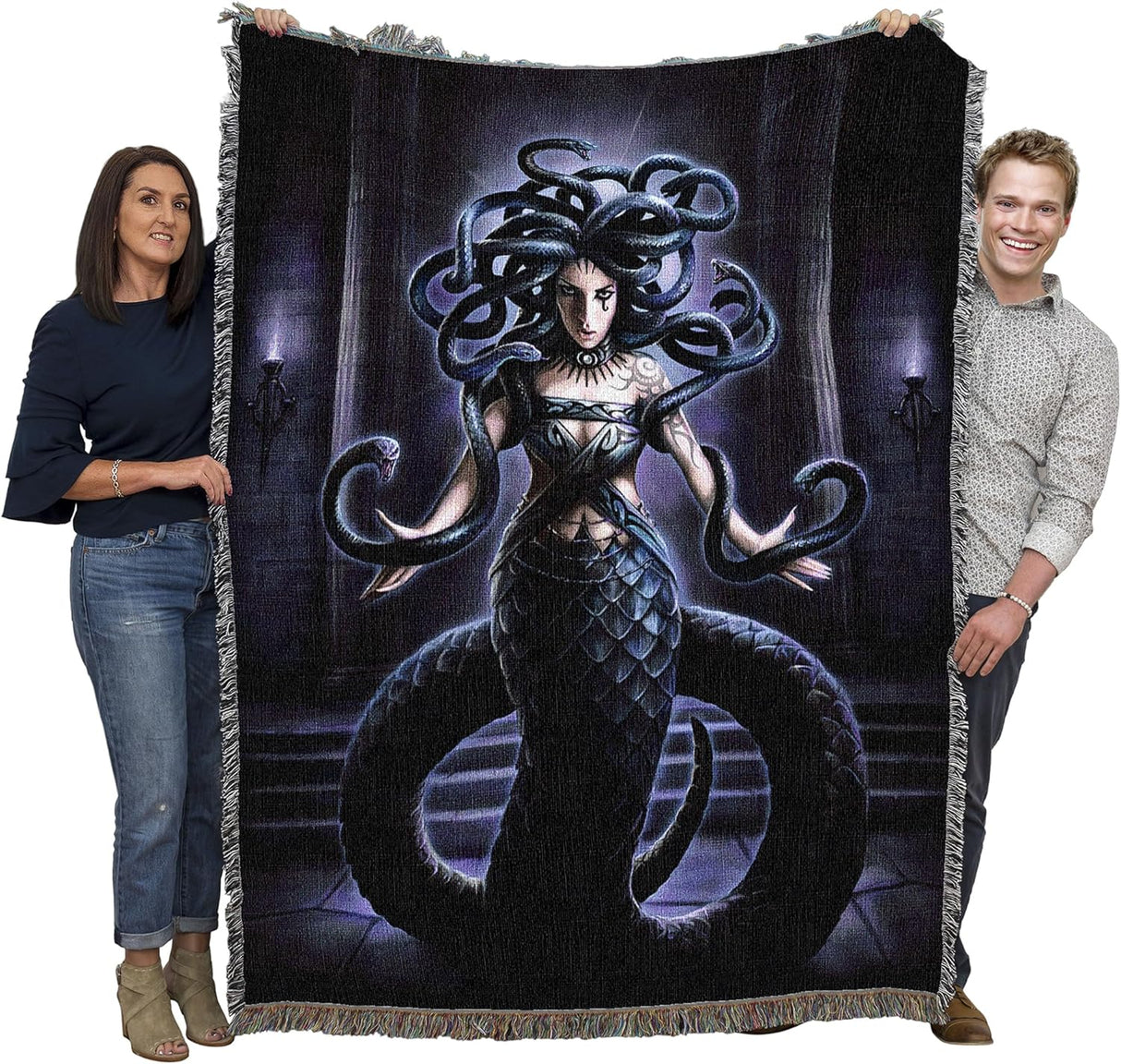 Tapestry blanket, art by Anne Stokes, Medusa with snake hair and tail, advancing forward. Blanket held by two adults to show large size
