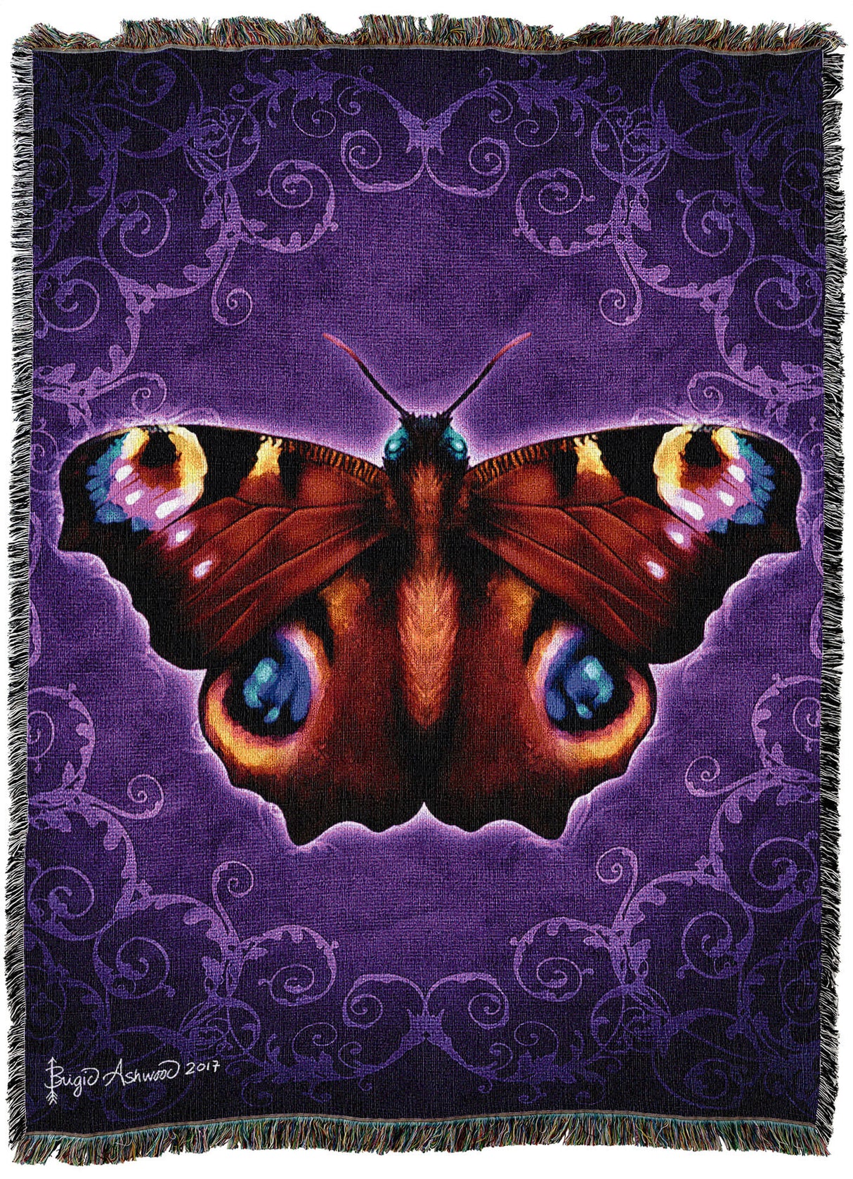 Butterfly tapestry blanket on a purple swirl background by artist Brigid Ashwood