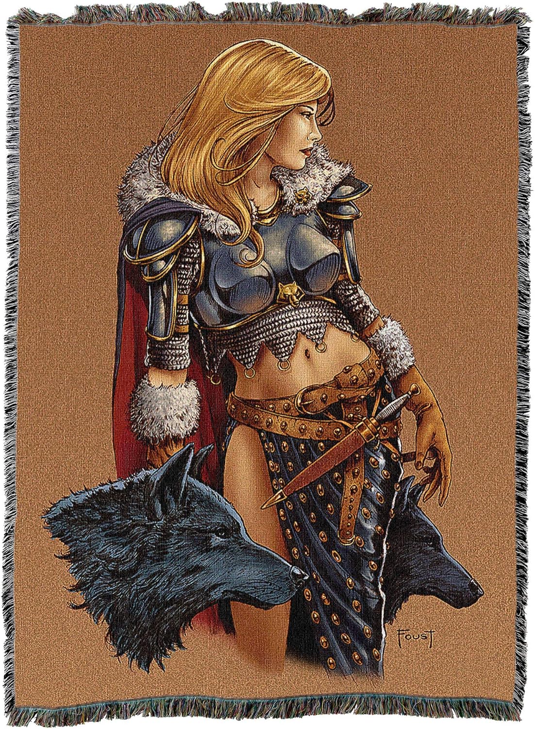 Woven blanket with a blond warrior woman and two wolves on brown background