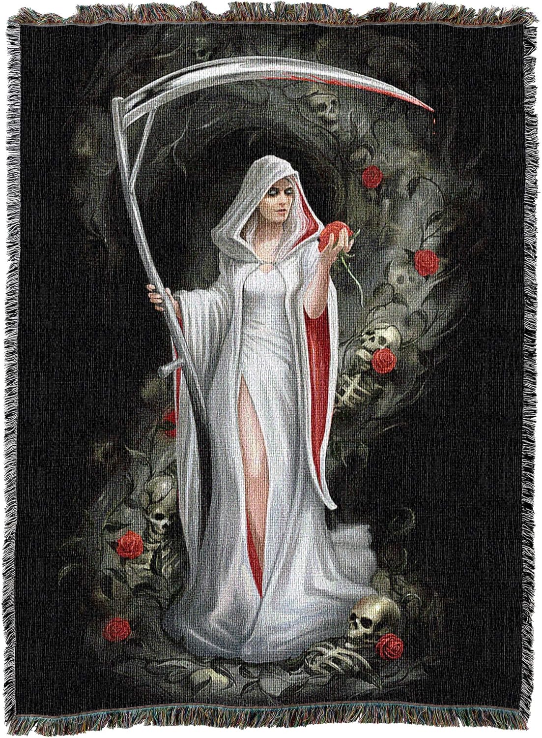 Tapestry blanket showing a grim reaper woman in white with red accents, holding scythe and red rose, skeletons in background