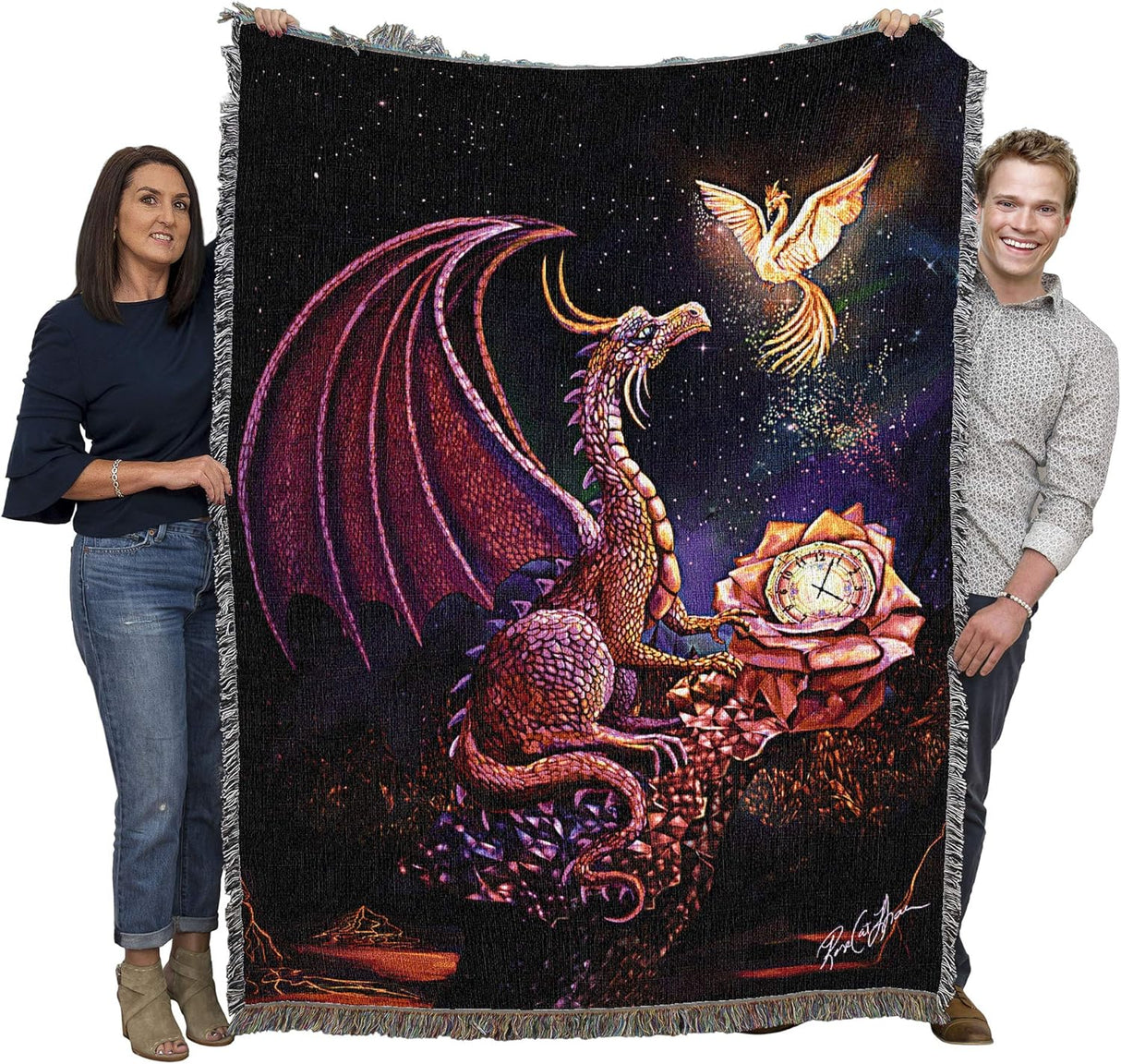 Tapestry blanket held by two adults to show large size