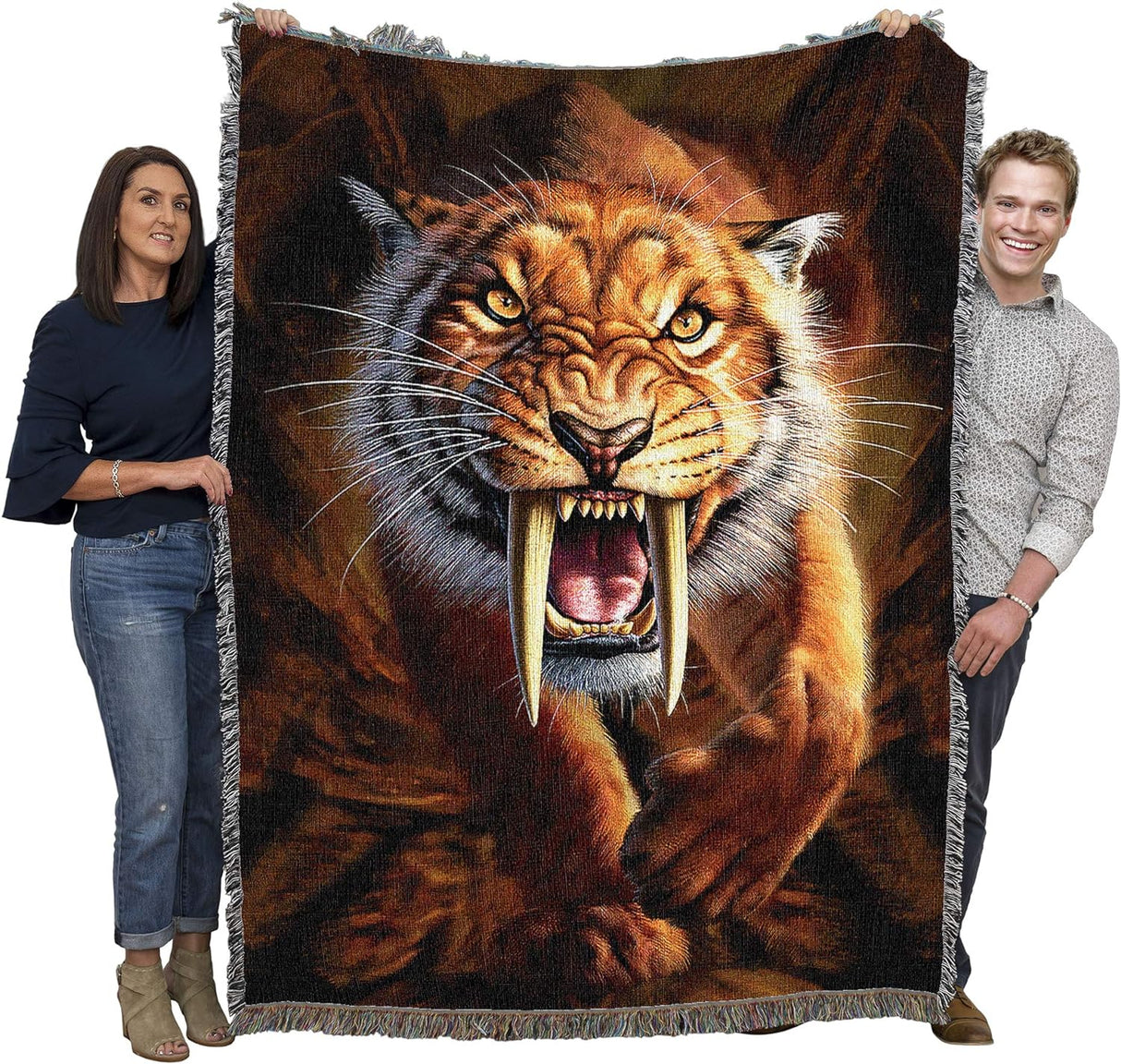 Tapestry blanket held by adults to show large size