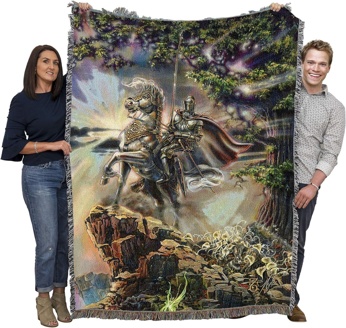 Tapestry blanket held by two adults to show large size