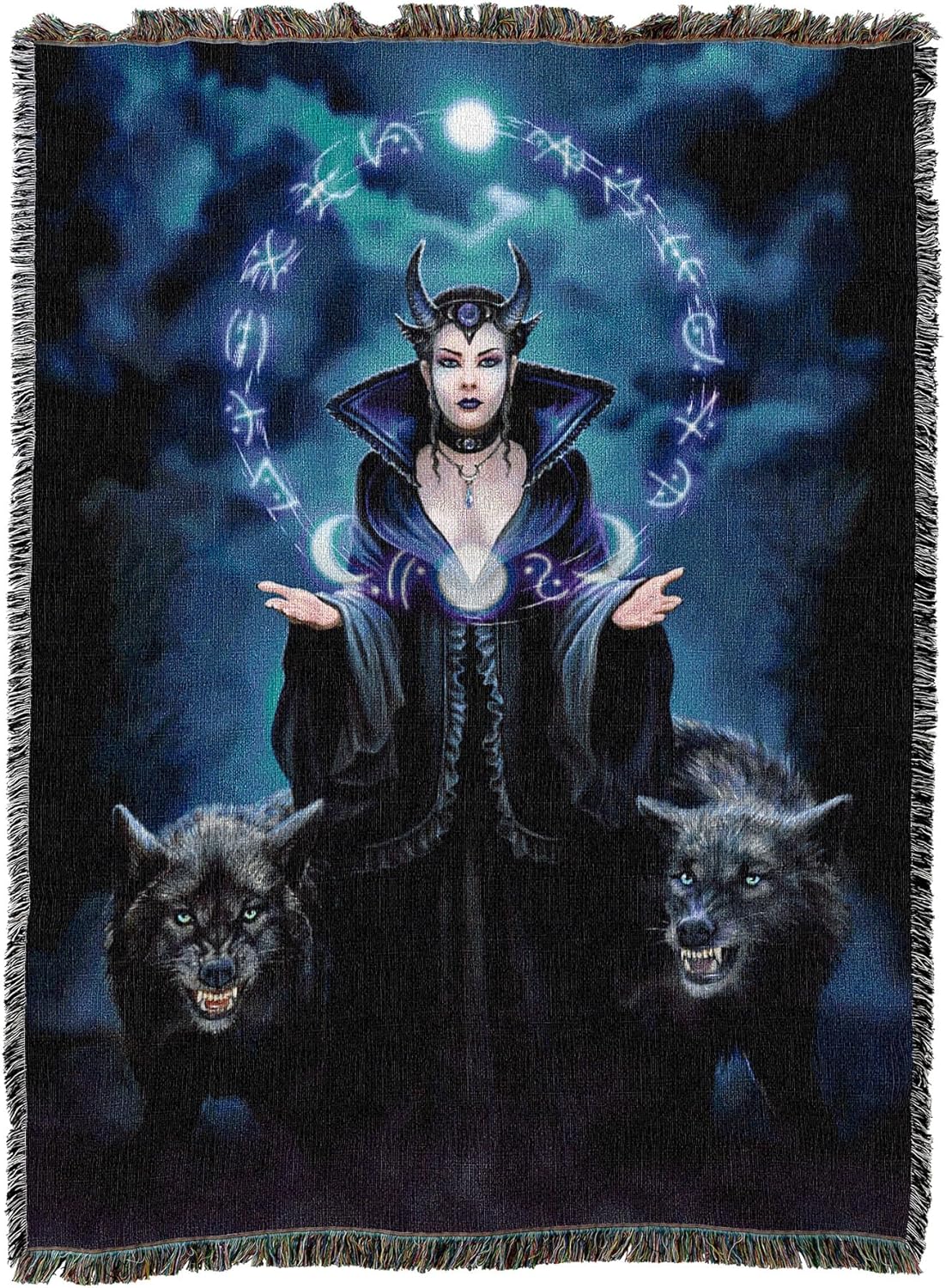 Woven blanket with a fantasy design of a woman in a dark cloak with horns, surrounded by wolves, against a mystical background.