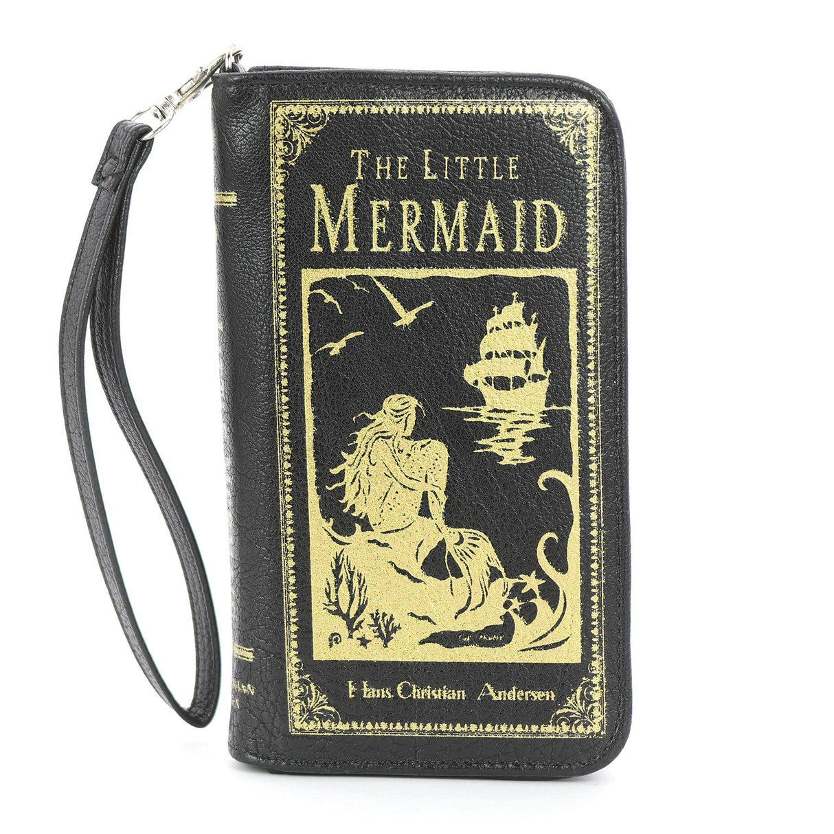 Black book-shaped wallet with 'The Little Mermaid' design in gold
