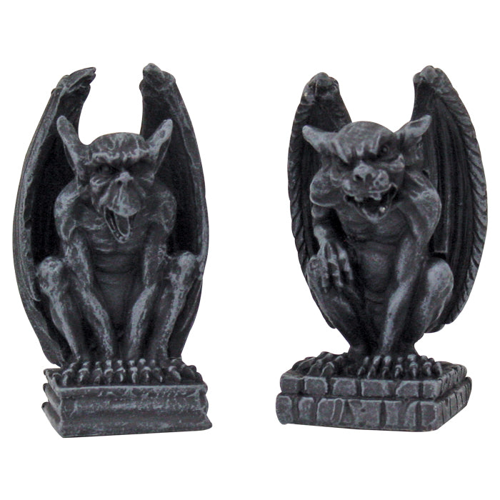 Pair of 2 miniature gargoyle statue figurines in faux stone grey