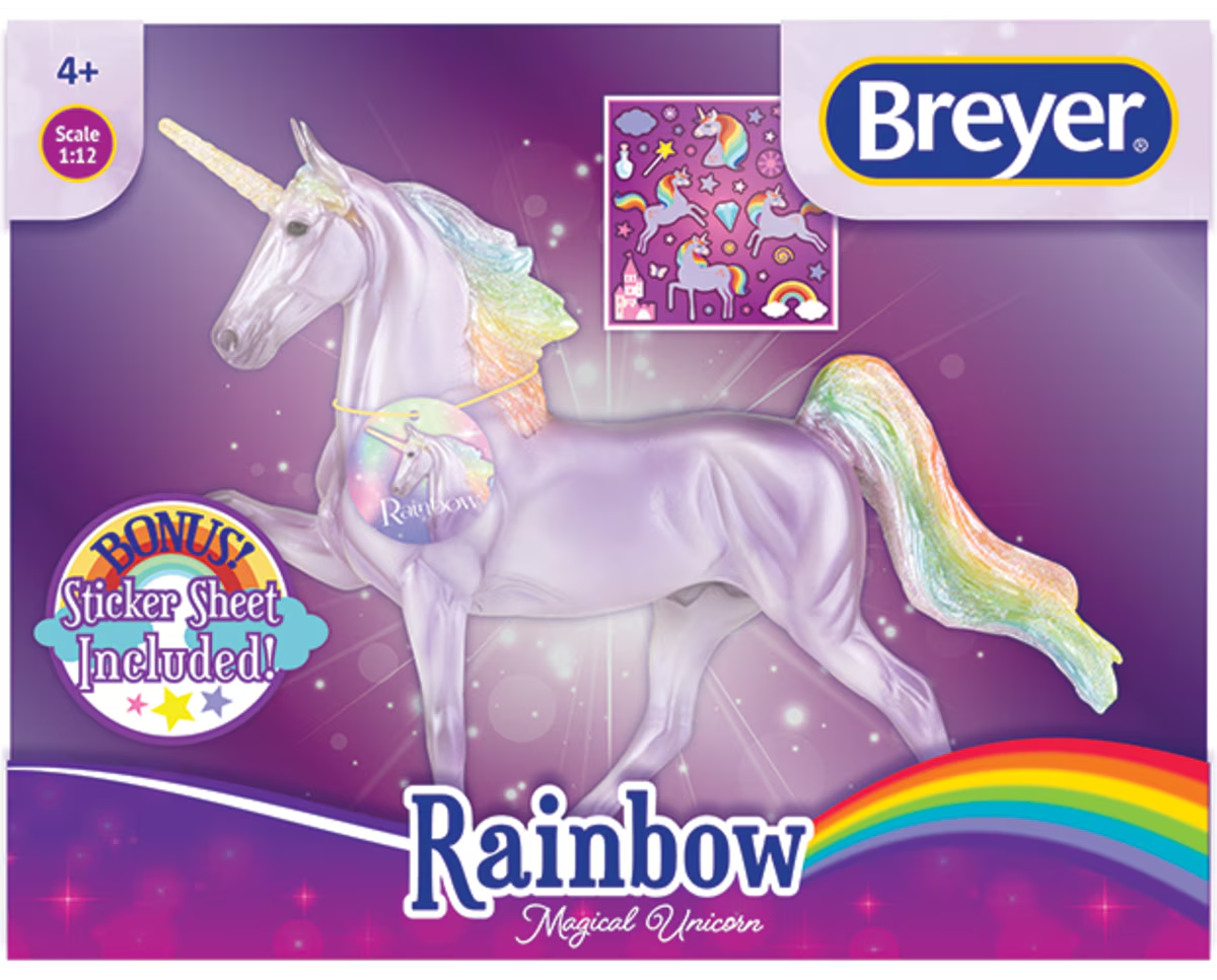 Boxed Breyer model horse - Rainbow Magical Unicorn, lavender color with pastel rainbow mane & tail, includes sticker sheet