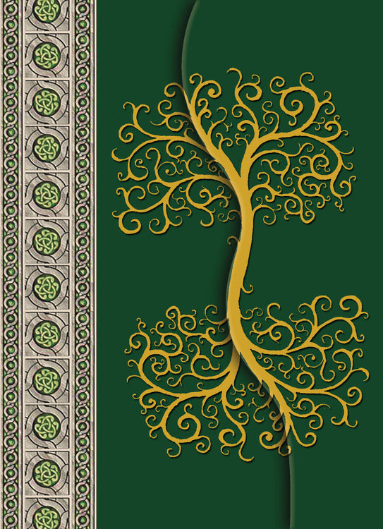 Cover of tree of life Celtic journal with gold tree on green, Celtic knot designs along spine