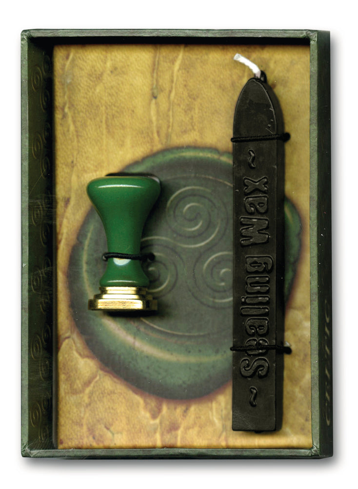 Set containing a metal seal stamp with handle (Celtic knot design) and stick of sealing wax