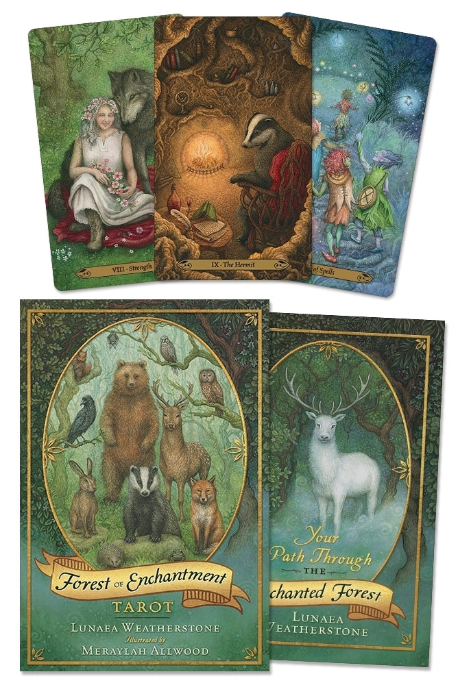 Forest of Enchantment tarot by Lunaea Weatherstone with artist Meraylah Allwood, showing cover of the kit and some card examples