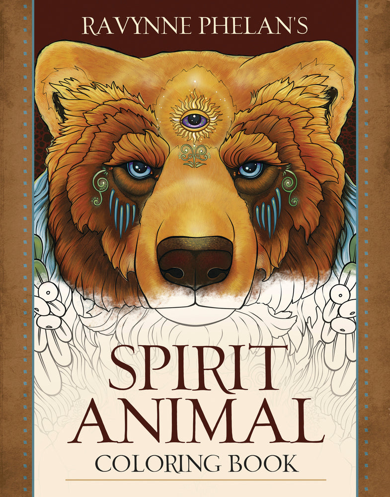 Ravynne Phelan's Spirit Animal Coloring Book with half-colored brown bear with symbols on his face
