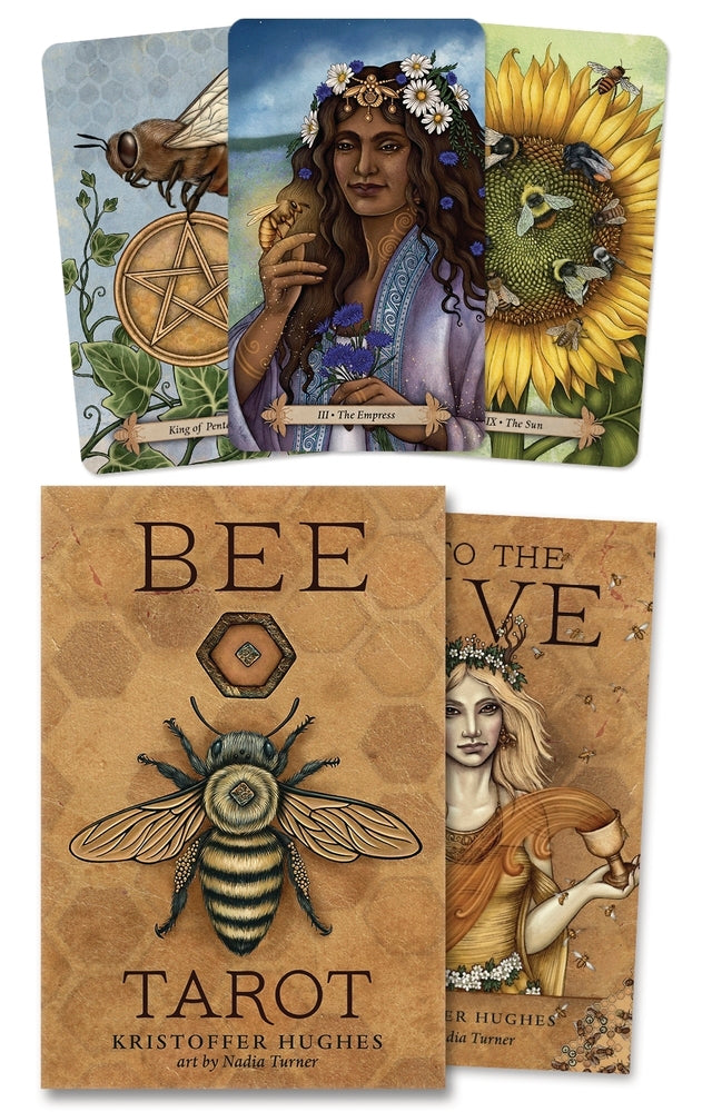Bee Tarot - Collection of tarot cards featuring a bee, a woman, and a sunflower on a textured brown background.