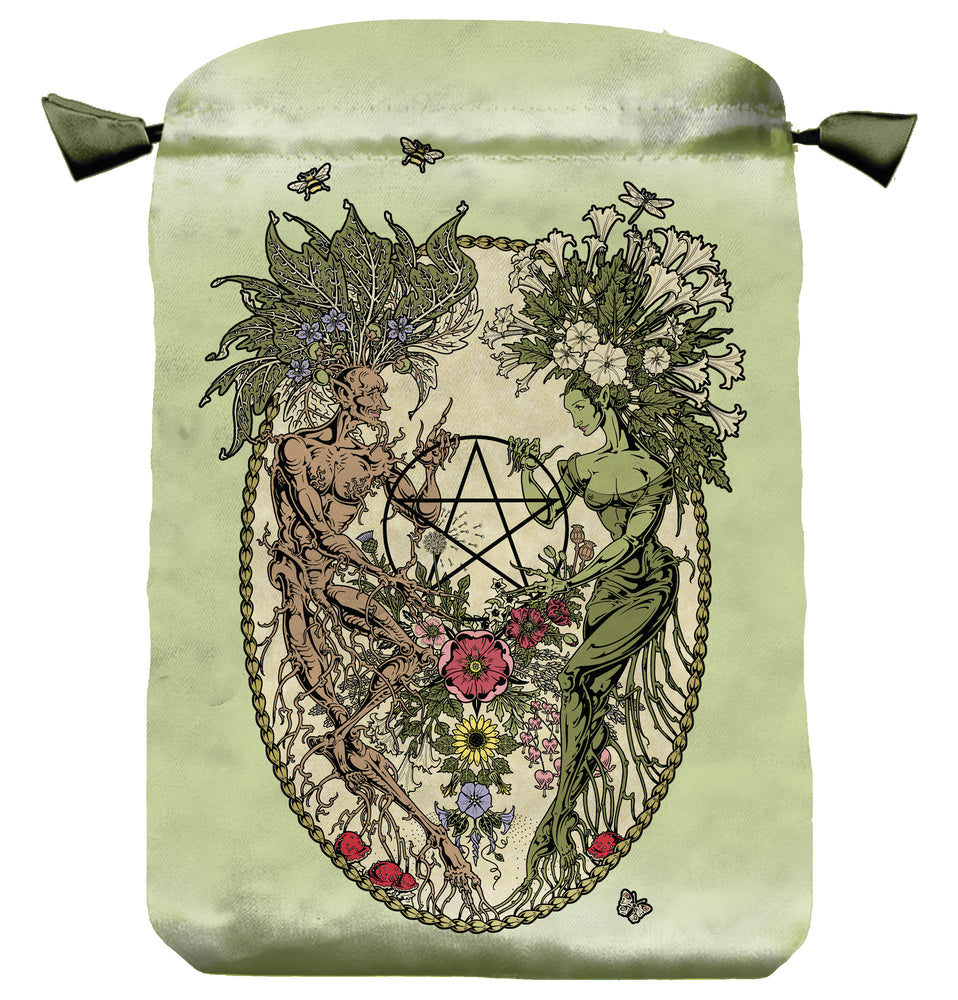 Decorative pouch with nature-themed design featuring two figures, flowers, and a pentacle symbol on a light green background.