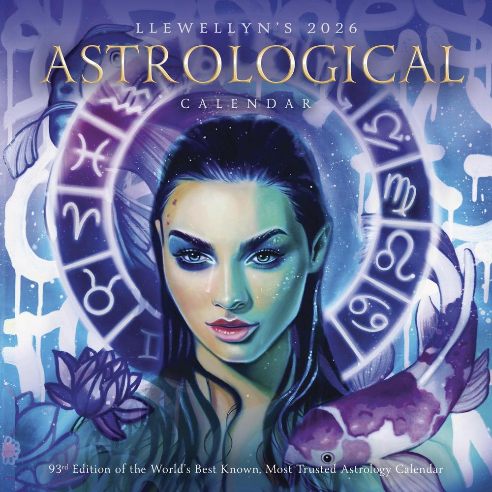 2026 Llewellyn's Astrological Calendar front cover with shades of purple and woman with koi and lotus