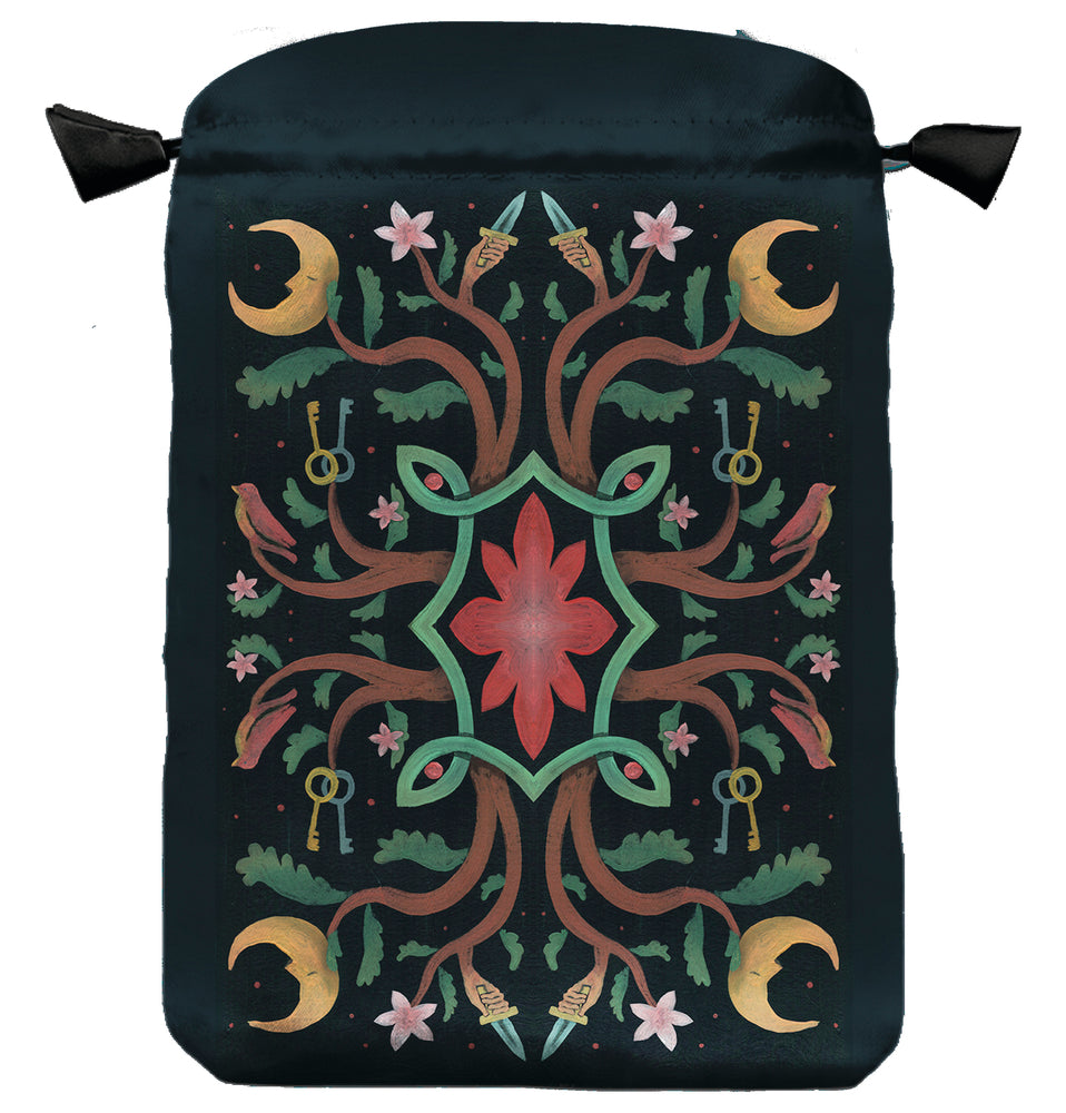 Black pouch with colorful world tree design with flowers, moons, daggers in hands, and keys