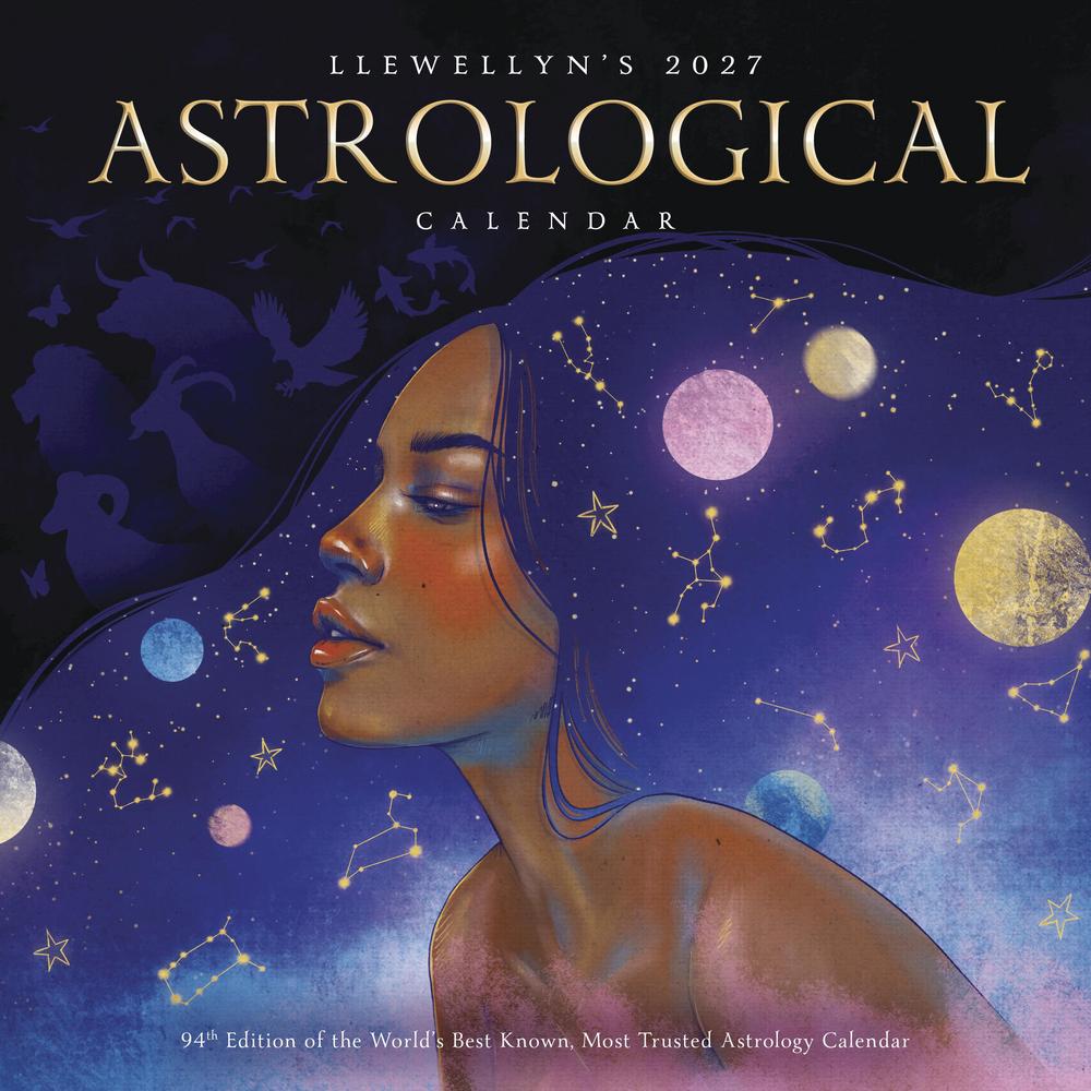 Llewellyn's 2027 Astrological Calendar cover with a woman's face and celestial elements.