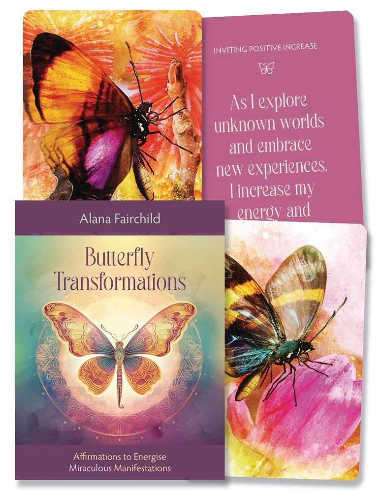 Butterfly Transformations by Alana Fairchild - Affirmations to Energize Miraculous Manifestations, showing two butterfly example cards and partial message of "Inviting Positive Increase - As I explore unknown worlds and embrace new experiences, I increase my energy and..."