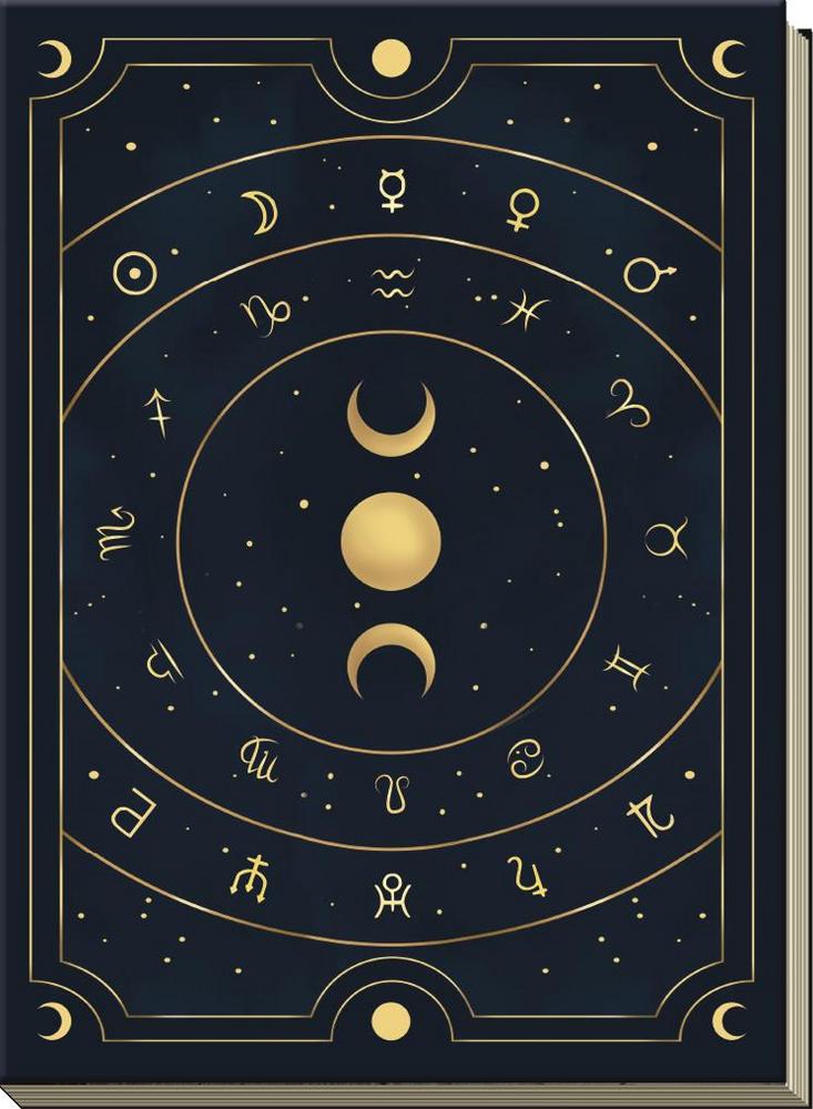 Journal, cover has a decorative design with celestial symbols and gold accents on a dark blue background
