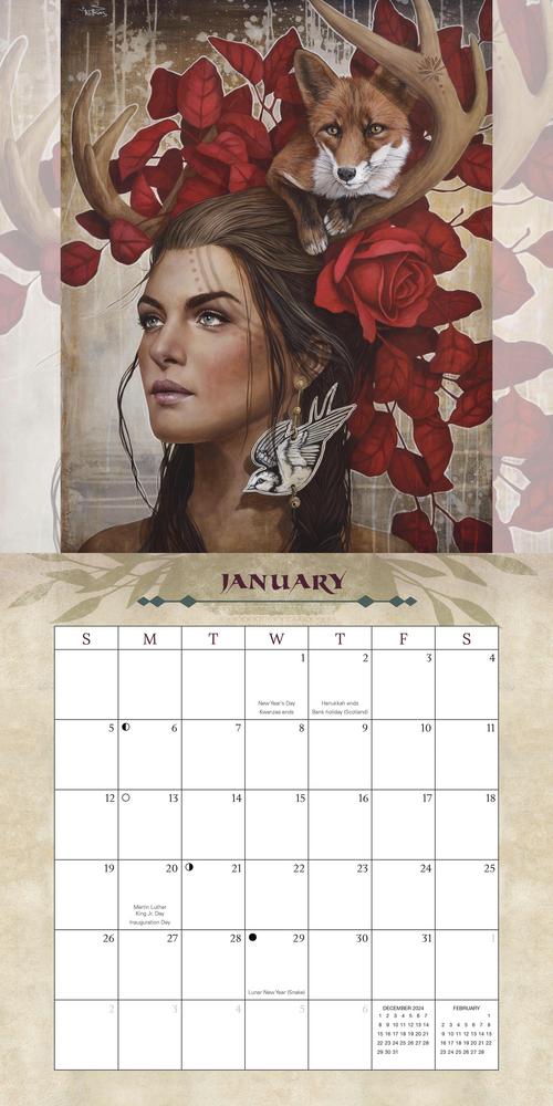 Calendar with a woman's face, fox, and red roses on a textured background, January example