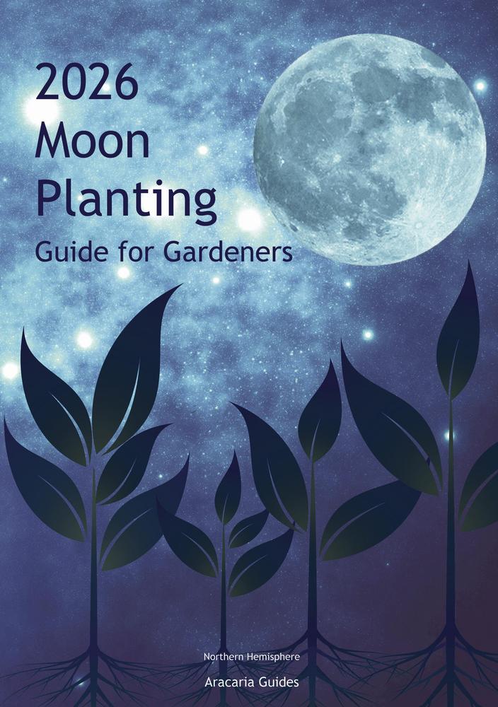 Booklet cover of '2026 Moon Planting Guide for Gardeners' with a moon and plants design.