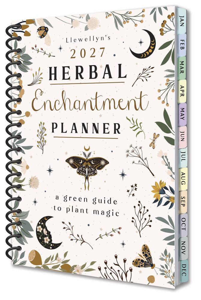 Planner titled 'Llewellyn's 2027 Herbal Enchantment Planner' with decorative cover featuring plants and celestial elements.