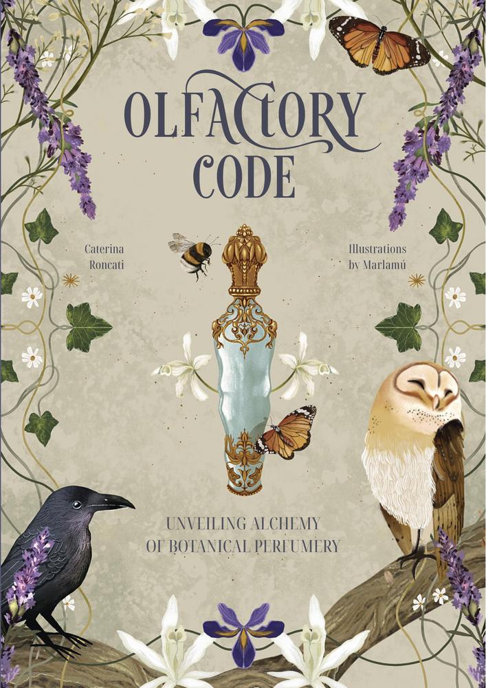 Book cover of 'Olfactory Code' with illustrations of an owl, bird, and perfume bottle.